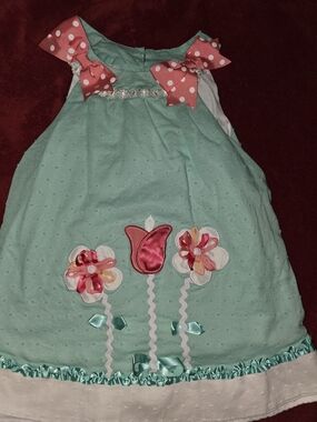 Rare Editions Aqua Top with Pink Polka Dot Bows